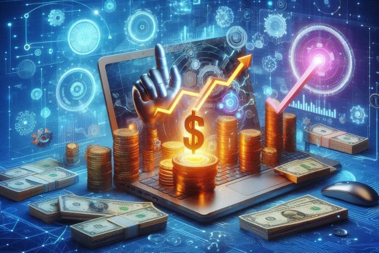 investimentos inteligentes, ideias para fazer dinheiro online com negócios digitais lucrativos. Imagem de um laptop com ideias e várias moedas indicando riqueza.