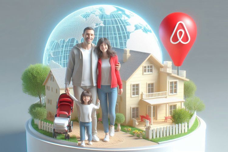 como ganhar dinheiro com airbnb e gerar renda passiva. Imagem de uma família feliz viajando e alugando uma casa pelo app.