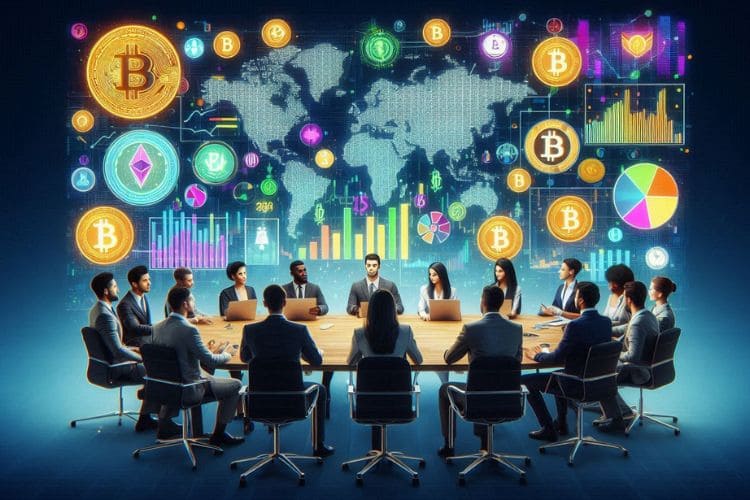 investir em criptomoedas vale a pena? Como funcionam os criptoativos e as carteiras digitais? Imagem de um grupo de pessoas sentados numa mesa redonda, eles estão trabalhando com laptop e tem vários gráficos de bitcon sendo projetados