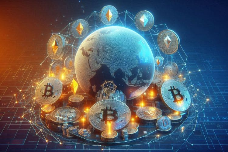 renda passiva com blockchain e criptomoedas. Imagem de um globo terrestre e várias moedas simbolizando o bitcoin.